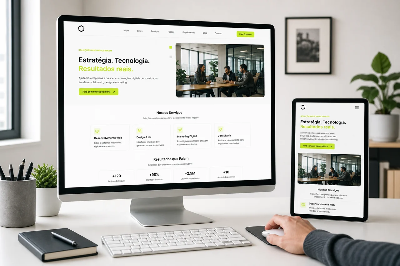 Site profissional exibido em monitor e tablet com layout responsivo e botão de contato